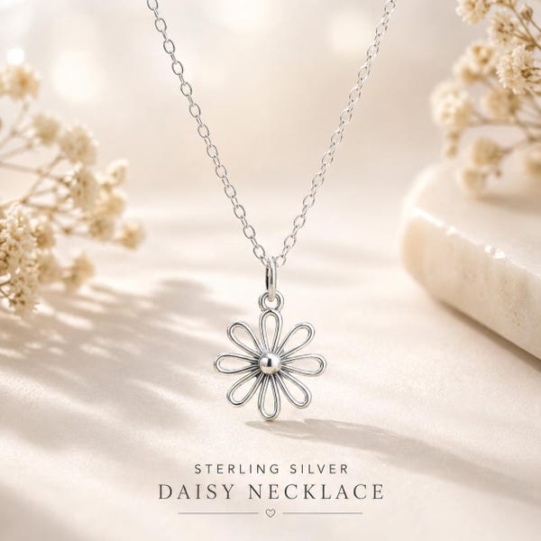 Sterling Silber Daisy Halskette, verstellbar 40-50 cm, zierlicher Blumenanhänger, minimalistischer Schmuck für jeden Tag, Geschenk für sie