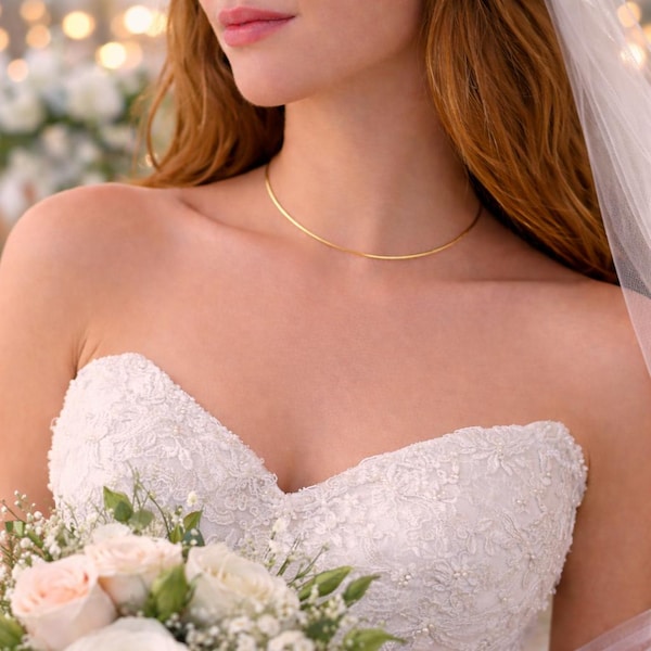 14K Gold Wire Collar Choker Necklace – Minimalist Gold Filled Torque Necklace With Hook Closure - Bridal Wedding Necklace