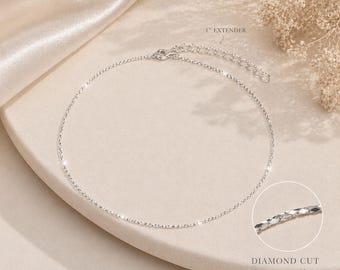 Tobillera de plata de ley – Tobillera con corte de diamante, plata 925, delicada y brillante, 23 cm + extensor de 2,5 cm, regalo minimalista de joyería de verano para ella.