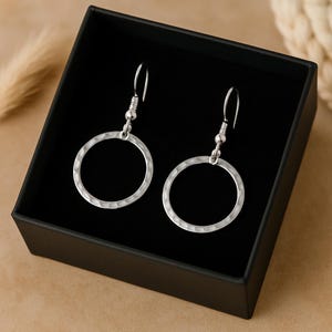 Hammered Sterling Silver Hoop Earrings | Minimalist 1.2″ Silver Dangle Earrings | Handmade Jewelry Gift for Her | Silver Earrings | Dangle
