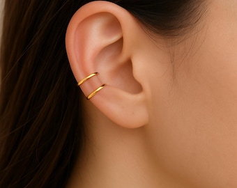 Juego minimalista de aretes de doble banda: dos aretes sin perforar en oro o plata; aretes apilables para cartílago; regalo de joyería.