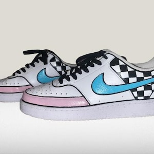 Custom White Shoes Hand Painted Sneakers Nike Court Vision Colorful Checkered Womens Mens All Sizes Made To Order