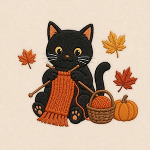 May include: An embroidery design featuring a black cat with large yellow eyes knitting an orange scarf with wooden needles. Beside the cat is a small woven basket containing a ball of orange yarn and a single orange pumpkin, surrounded by maple leaves.