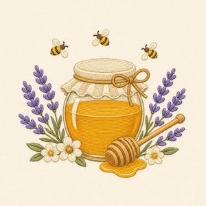 Puede incluir: Un diseño de bordado que muestra un tarro de cristal lleno de miel dorada, cubierto con una tela y un lazo de cuerda. El tarro está rodeado de ramas de lavanda moradas, flores blancas y tres pequeñas abejas volando por encima.