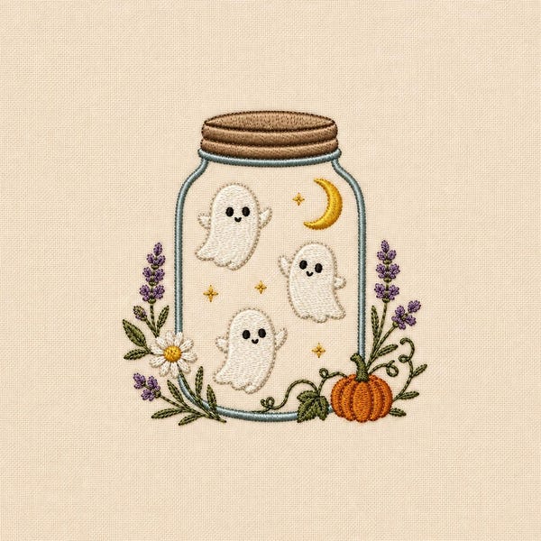 Ghost Mason Jar Embroidery Design, Cute Halloween Ghost Pumpkin Floral Machine Embroidery File, Spooky Autumn PES DST