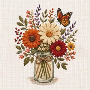 Fall Mason Jar Wildflower Machine Embroidery Design, Autumn Floral Bouquet with Butterfly Embroidery File, PES DST JEF VP3