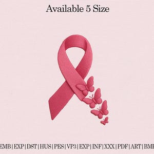 May include: A pink ribbon with three butterflies, a symbol of breast cancer awareness, is displayed against a pink background. The text "Available 5 Size" is at the top. Below are file format abbreviations.