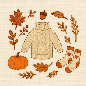 May include: An illustration of autumn-themed items. A cream-colored cable-knit sweater is surrounded by orange leaves, a pumpkin, an acorn, and socks with red hearts. The image has a warm, inviting feel.
