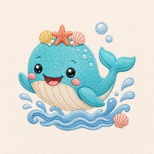 May include: An embroidery design of a smiling blue whale with a cream-colored belly, wearing a crown of a starfish and seashells. The whale is surrounded by blue embroidered water waves, splashing droplets, and two small bubbles above its head.