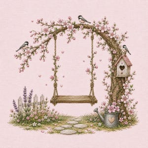 May include: A wooden swing hangs from a flowering tree branch with pink blossoms, three small birds, and a birdhouse. A stone path leads to a wooden fence, lavender plants, and a metal watering can with a heart design on a light pink background.