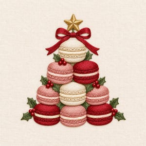 May include: An embroidery design of a Christmas tree constructed from stacked cream, pink, and red macarons. The tree is topped with a gold star and a red ribbon bow, accented with green holly leaves and small red berries between the layers.