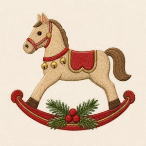May include: An embroidery design of a tan rocking horse with a brown mane and tail. The horse wears a red bridle and saddle with gold bells. The red rocker base is decorated with green pine needles and three small red berries at the center.
