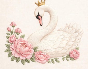 Elegant Swan Floral Embroidery Design, Romantic Swan Peony Flower , Vintage Bird Machine Embroidery File , 5 Size, Instant Download