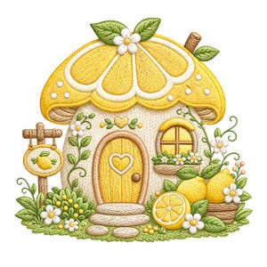 Puede incluir: Una casa bordada con temática de limón, con un tejado amarillo en forma de rodaja de limón, una puerta en forma de corazón y un letrero con una ilustración de limón. La casa está rodeada de vegetación, flores y limones, creando una escena alegre y veraniega.