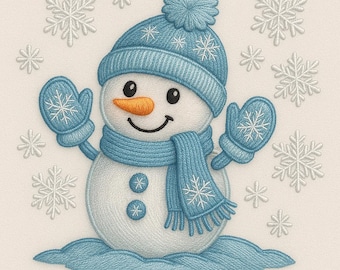 May include: A smiling snowman illustration with a blue hat, scarf, and mittens, adorned with snowflake designs. The snowman has a carrot nose and is surrounded by snowflakes, creating a festive winter scene.