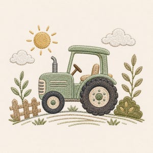 May include: An embroidered illustration of a green tractor with a brown steering wheel, set against a cream background. The scene includes a yellow sun, white clouds, a wooden fence, and green foliage, evoking a farm theme.