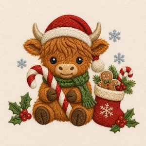 May include: An embroidered design of a fluffy brown Highland cow wearing a red Santa hat and a green scarf. The cow holds a red and white candy cane. Beside it is a red Christmas stocking containing a gingerbread man, with holly and snowflakes.