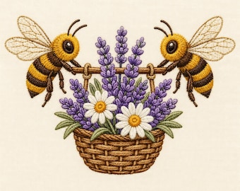 Bee Flower Basket Embroidery Design, Lavender Daisy Bumblebee Machine Embroidery File, Spring Garden PES DST