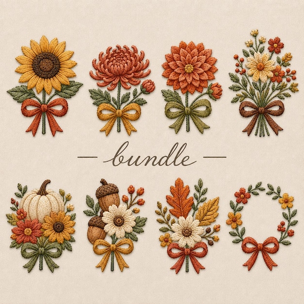 Autumn Floral Bow Embroidery Bundle, Sunflower Mum Pumpkin Acorn Fall Flowers Machine Embroidery Designs, PES DST Files