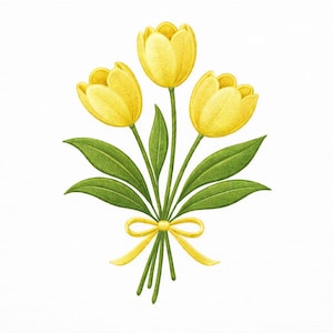 May include: A bouquet of three yellow tulips with green leaves and stems, tied with a yellow ribbon. The flowers are rendered in a detailed, illustrative style against a white background.