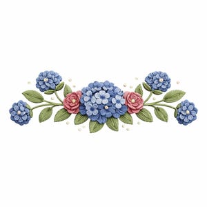May include: Embroidered floral design featuring blue hydrangea and smaller blue and pink flowers with green leaves. Small white pearls are scattered around the flowers. The design is on a white background.