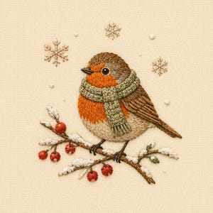 Disegno per ricamo a macchina di una sciarpa con pettirosso invernale, file di ricamo di un uccellino natalizio con ramo di bacche innevate, uccello invernale, Natale natura PES DST JEF