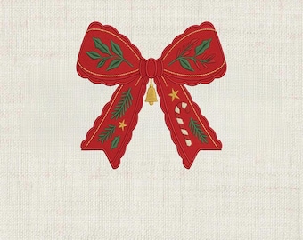 May include: A red Christmas bow with gold trim and green leaf and star accents. The bow features a gold bell and candy cane design. The words "DIGITAL EMBROIDERY FILE" are at the bottom of the image.