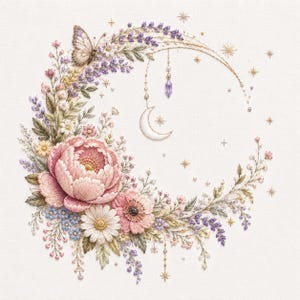 May include: Embroidered crescent moon design featuring a large pink peony, various flowers, and a butterfly. The design includes a hanging crystal and a crescent moon pendant, with gold stars scattered around the moon.