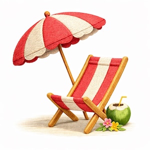 Peut inclure: Illustration d'une scène de plage avec un parasol rayé rouge et blanc et une chaise longue assortie. Une noix de coco verte avec une paille jaune et des fleurs complètent la scène, sur fond blanc.