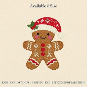 Pode incluir: Desenho bordado de um homem de gengibre castanho, usando um gorro de Papai Noel vermelho com acabamento branco e azevinho. O desenho inclui flocos de neve e detalhes vermelhos. O texto diz "Available 5 Size".