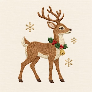 May include: An embroidery design of a brown reindeer with white underbelly and antlers, wearing a green holly wreath with red berries and a gold bell around its neck, surrounded by three small gold embroidered snowflakes on a cream fabric.