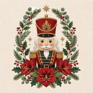 Nötknäpparen jul maskinbroderidesign, julstjärna blommig soldat broderifil, semester omedelbar nedladdning