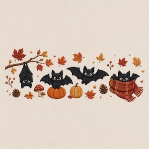 May include: An embroidery design featuring four black bats in autumn settings. One bat hangs from a branch, one sits on an orange pumpkin, one flies, and one is wrapped in a red plaid scarf. Includes orange and red maple leaves, mushrooms, and pinecones.
