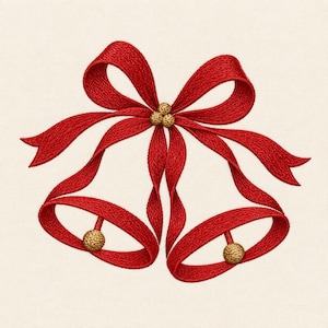 Puede incluir: Un diseño de bordado que muestra dos campanas formadas por una cinta roja vibrante. La cinta está atada en un lazo en la parte superior con tres pequeñas esferas doradas en el centro. Cada campana tiene un badajo esférico dorado en su interior.