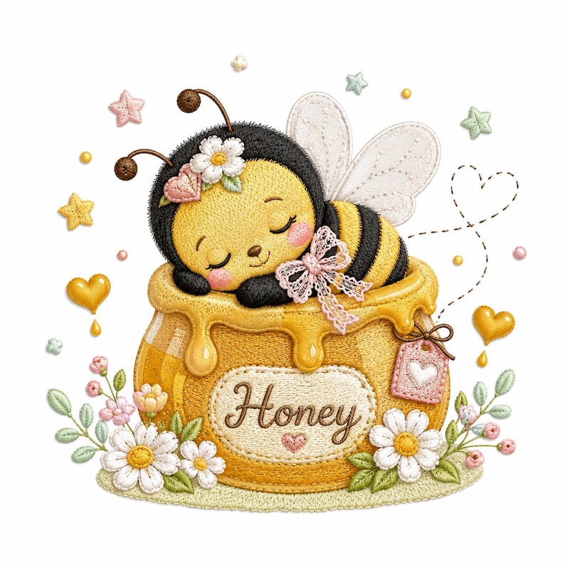 May include: A cute cartoon bee with a flower crown and a pink bow sleeps peacefully on a honey pot. The honey pot has the word "Honey" embroidered on it, surrounded by flowers, hearts, and stars. A charming illustration.