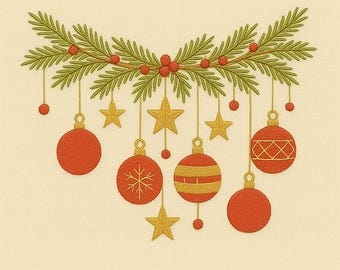 Christmas Ornament Embroidery File – Red Baubles on Pine Branch| Festive Embroidery Pattern, Machine Embroidery, Digital Download, 5 Size