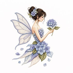 May include: An embroidered illustration of a fairy with brown hair and blue wings. The fairy is wearing a dress made of blue hydrangea flowers and holding a single hydrangea bloom. The image has a soft, whimsical feel.