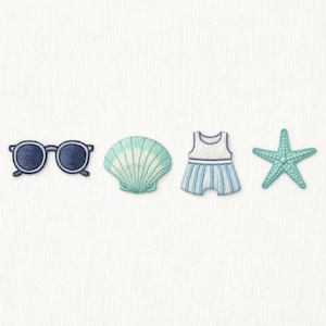 May include: Embroidered beach-themed design featuring sunglasses, a seashell, a swimsuit, and a starfish. The sunglasses and swimsuit are blue and white, the seashell is light green, and the starfish is turquoise.