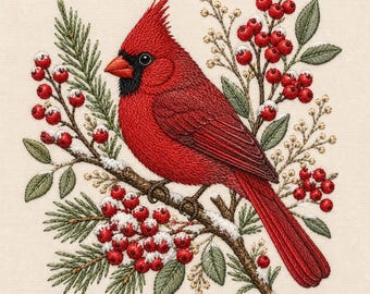 May include: A detailed embroidery design featuring a vibrant red cardinal bird perched on a brown branch. The bird is surrounded by green pine needles, clusters of bright red berries, and small white berries, all accented with light dusting of snow.