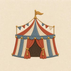 Puede incluir: Un diseño bordado de carpa de circo con rayas verticales en rojo, azul y crema. La carpa tiene una entrada marrón oscuro, borlas doradas y una pequeña bandera dorada en la cima. Banderines triangulares en rojo, azul y crema cuelgan del techo.