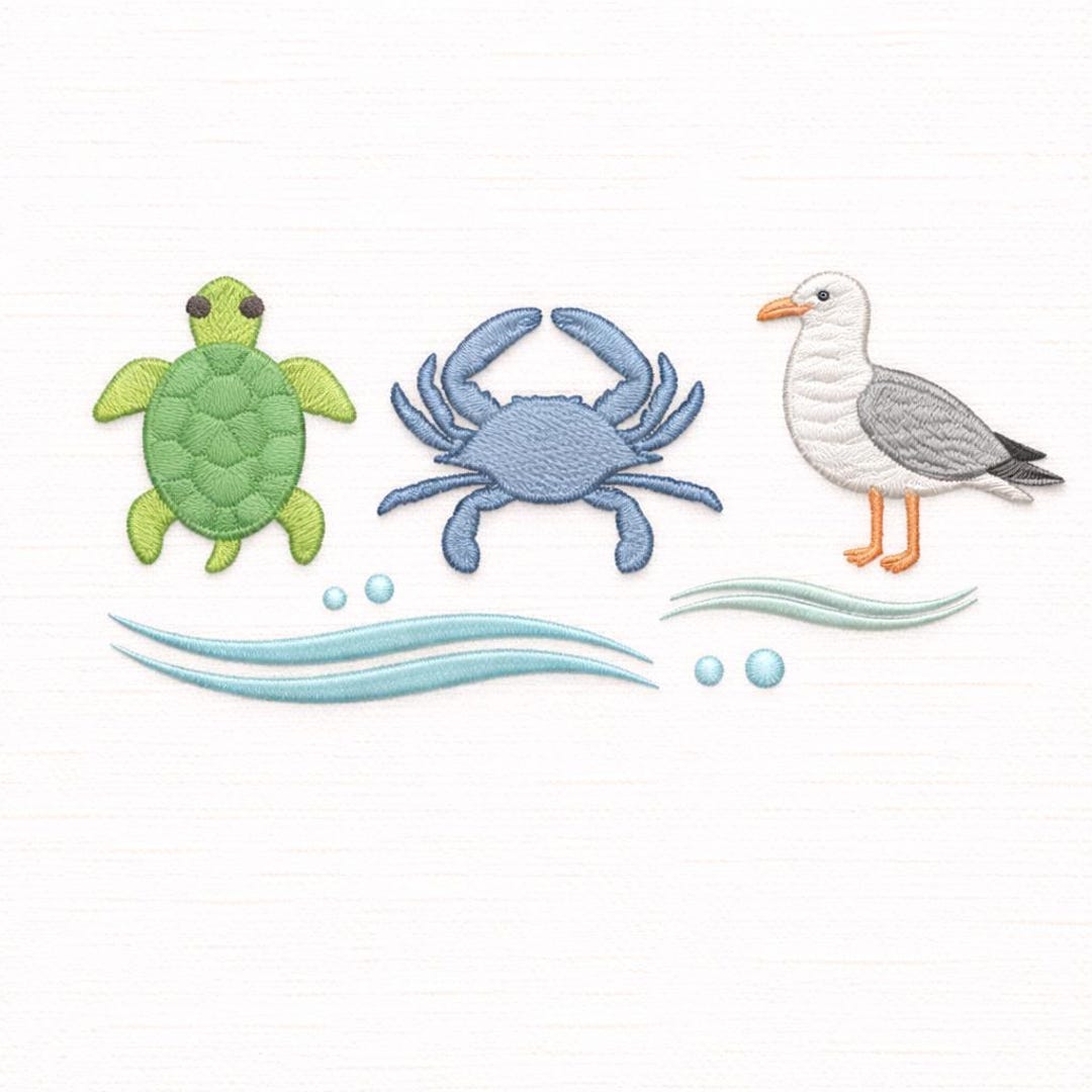 Coastal Beach Embroidery Design, Turtle Crab Seagull Ocean Machine ...