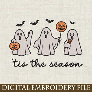 Tis the Season Ghost Embroidery Design, Cute Pink Halloween Stitch with Pumpkin and Bats, Soft Spooky Machine Embroidery File