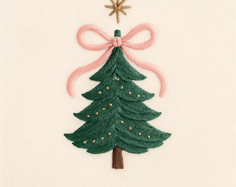 May include: Embroidered Christmas tree design. The tree is green with gold-coloured ornaments and a brown trunk. A pink bow is at the top of the tree, and a gold star sits above it. The background is a cream colour.