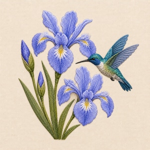 May include: An embroidery design featuring two vibrant blue iris flowers with yellow centers, two green buds, and long green leaves. A small hummingbird with blue, green, and white feathers is positioned to the right, facing the open iris flowers.