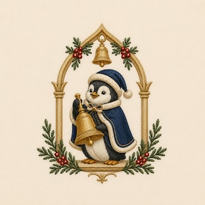 May include: An embroidery design featuring a penguin wearing a dark blue cape and matching hat with white trim. The penguin holds a gold bell, framed by a gold archway decorated with green holly leaves and red berries, with a bell at the top.
