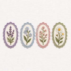 May include: Four embroidered floral oval patches. The patches feature lavender, forget-me-nots, pink flowers, and daisies. Each patch has a scalloped border in coordinating colors. The background is a textured white fabric.