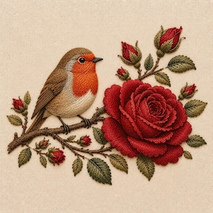May include: Embroidered artwork featuring a robin perched on a branch with a large red rose and buds. The bird has a brown back, orange breast, and white belly. The rose is a deep red, and the leaves are green.
