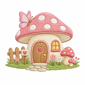 May include: A whimsical mushroom house with a pink cap and white polka dots. A pink butterfly rests on top. The house has a wooden door with a heart, a small window, and a picket fence. Flowers and grass surround the house.