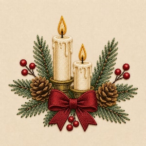 May include: An embroidery design featuring two cream-colored candles with yellow flames, set in gold holders. The candles are surrounded by green pine needles, brown pinecones, and clusters of red berries, all accented by a large red bow.