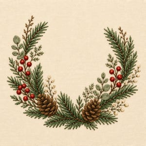 Christmas Evergreen Wreath Embroidery Design, Pinecone and Red Berry Winter Floral Frame, Machine Embroidery File DST PES